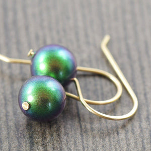 Rich emerald green faux crystal pearl earrings on gold filled earwires, May Birthstone
