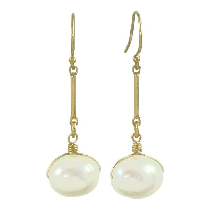 White freshwater pearl drop earrings wire wrapped in gold filled