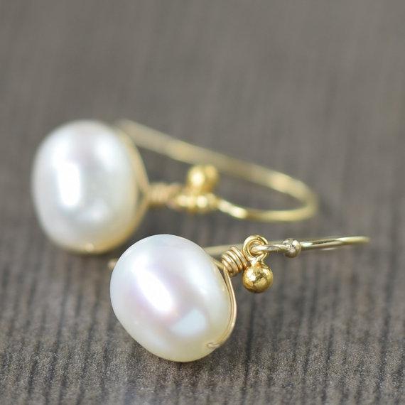 White freshwater pearl drop earrings wire wrapped in gold filled wire