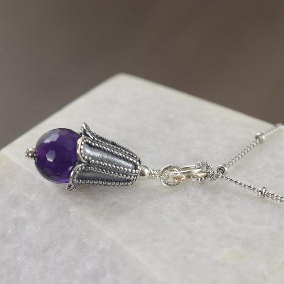 Amethyst birthstone necklace on sterling silver satellite chain, Aquarius or Pieces February birthstone