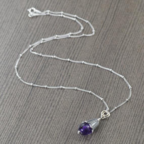 Amethyst birthstone necklace on sterling silver satellite chain, Aquarius or Pieces February birthstone
