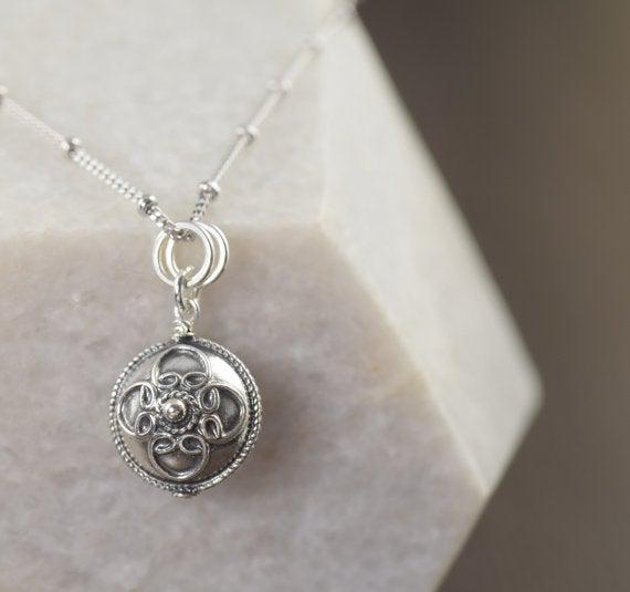 Boho necklace Bali style rounded disc pendant on sterling silver chain by Katy Mims