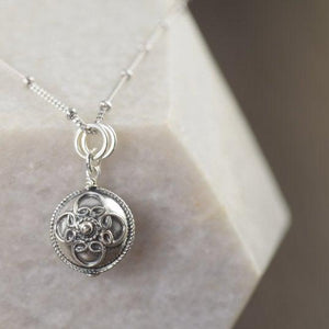 Boho necklace Bali style rounded disc pendant on sterling silver satellite chain by Katy Mims