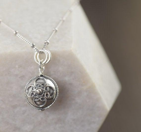 Boho necklace Bali style rounded disc pendant on sterling silver satellite chain by Katy Mims