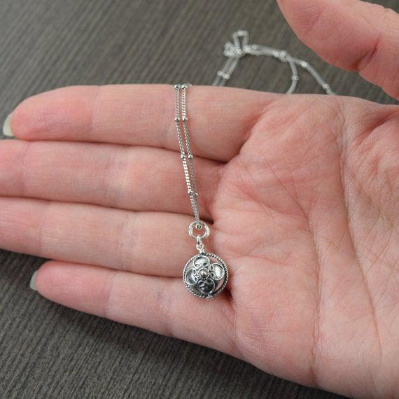 Boho necklace Bali style rounded disc pendant on sterling silver satellite chain by Katy Mims