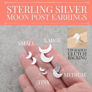 Crescent Moon post stud earrings sterling silver, Lunar celestial moon goddess, You pick the size, gift for her