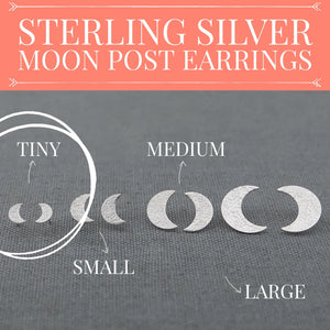 Crescent Moon post stud earrings sterling silver, Lunar celestial moon goddess, You pick the size, gift for her