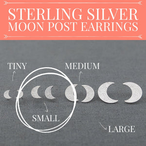 Crescent Moon post stud earrings sterling silver, Lunar celestial moon goddess, You pick the size, gift for her