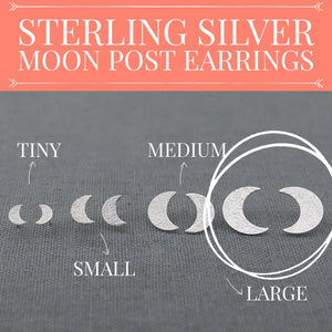 Crescent Moon post stud earrings sterling silver, Lunar celestial moon goddess, You pick the size, gift for her