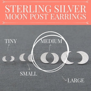 Crescent Moon post stud earrings sterling silver, Lunar celestial moon goddess, You pick the size, gift for her