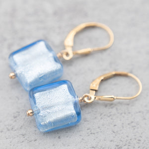 Gold Filled Teal Blue Murano glass earrings, Square shape dangle earrings, gifts for her