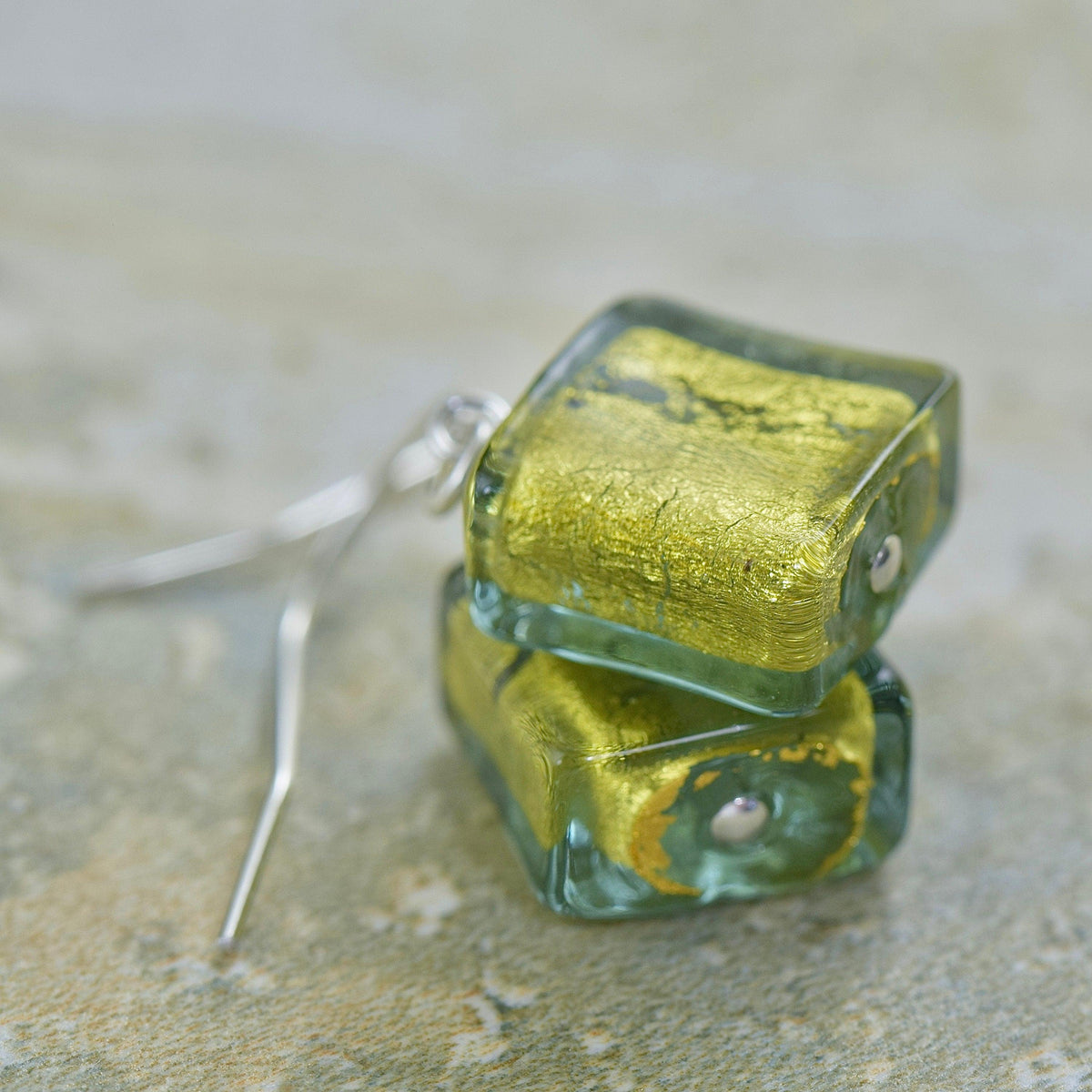 Golden Khaki Green Murano glass dangle earrings