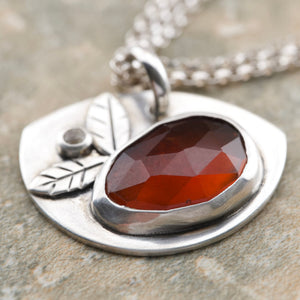Handcrafted Garnet birthstone necklace featuring a tiny white sapphire accent, 19 inches