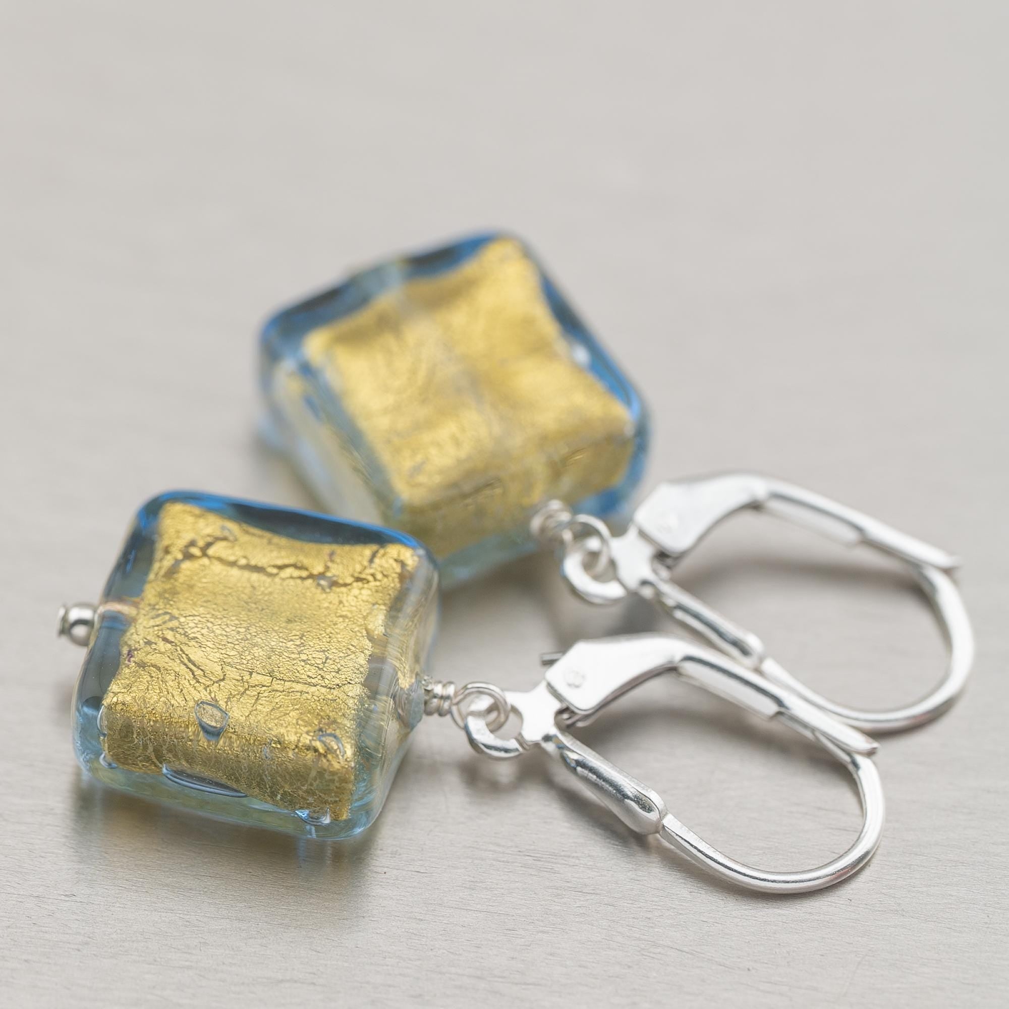 Light Golden Blue Murano glass earrings, Venetian Glass dangle earrings, gifts for her