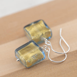 Light Golden Blue Murano glass earrings, Venetian Glass dangle earrings, gifts for her