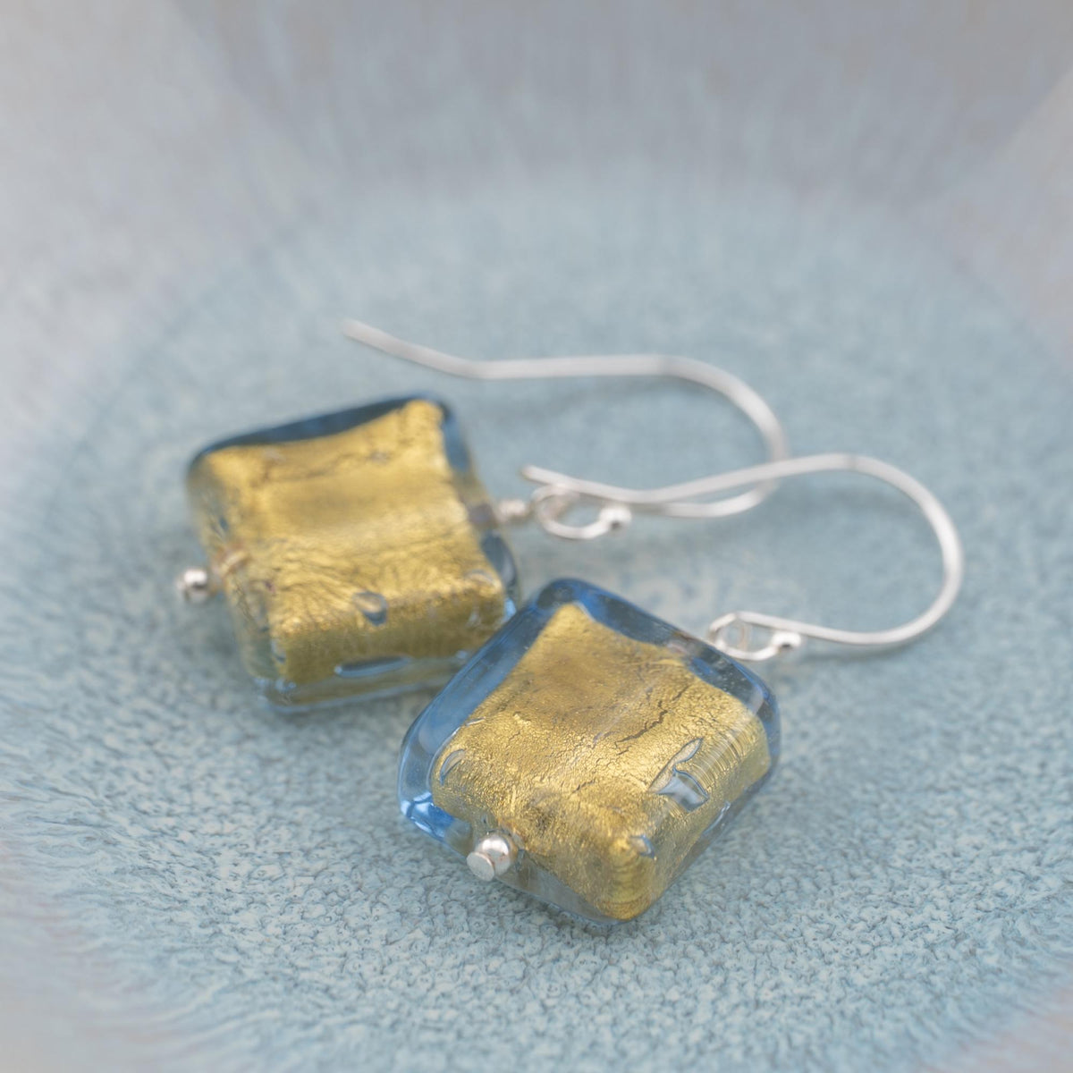 Light Golden Blue Murano glass earrings, Venetian Glass dangle earrings, gifts for her