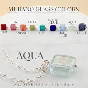 Murano glass pendant necklace in Aquamarine, Teal Blue, Light Blue, Electric Blue and Purple Murano on sterling silver chain