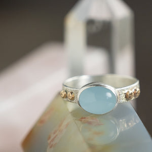 One of a kind, Sterling silver Aqua Chalcedony gemstone ring with 14K gold accents, Size 8.5
