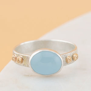 One of a kind, Sterling silver Aqua Chalcedony gemstone ring with 14K gold accents, Size 8.5