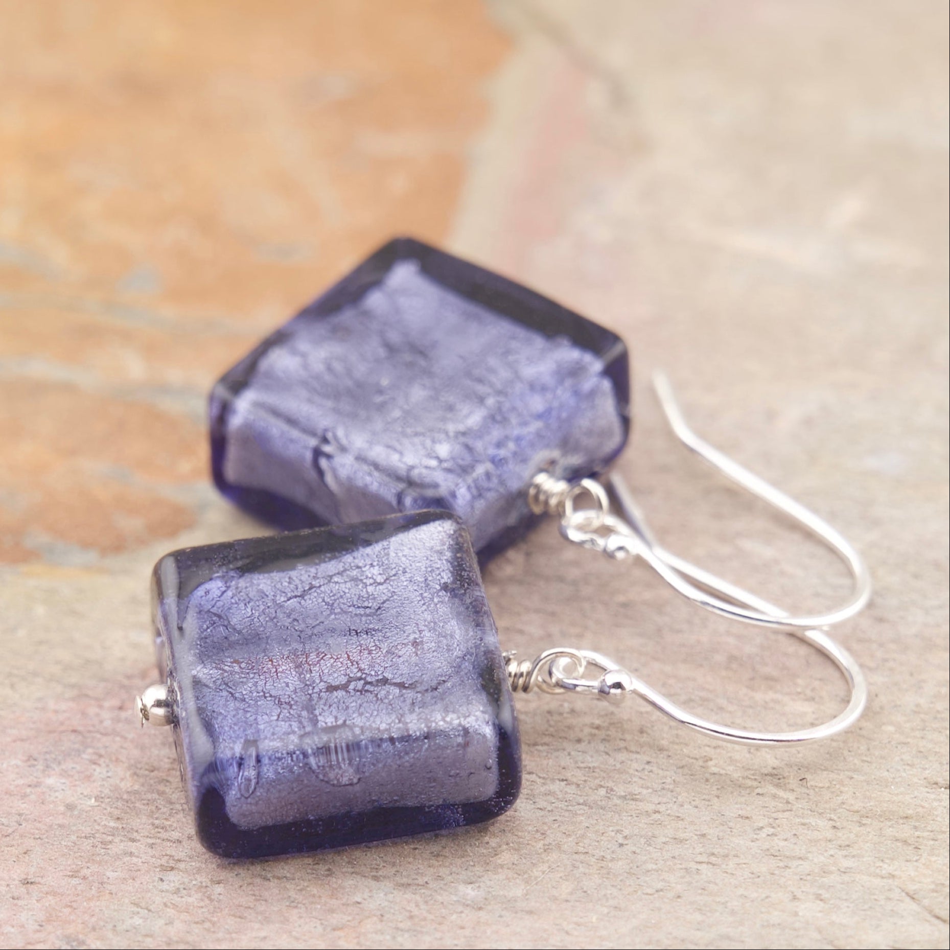 Purple Murano Venetian Glass earrings in Amethyst Hues, February Birthstone