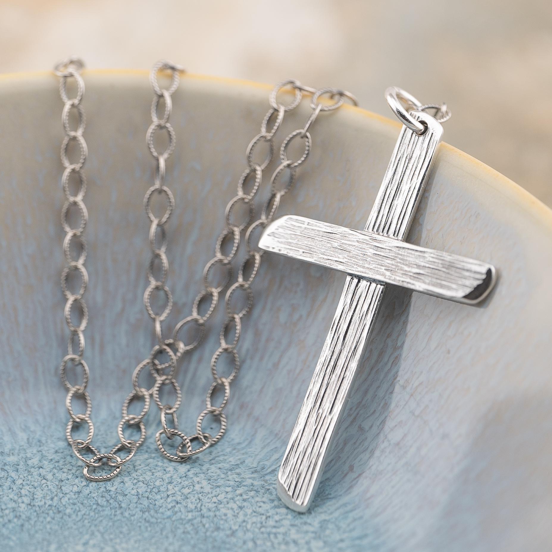 Silver cross necklace, handcrafted crucifix pendant with wood grain texture, gifts for him or her