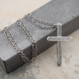 Silver cross necklace, handcrafted crucifix pendant with wood grain texture, gifts for him or her