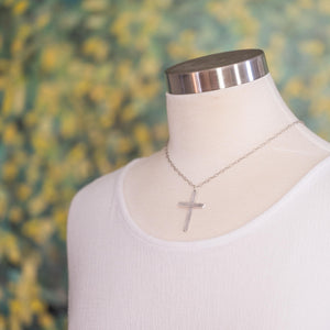 Silver cross necklace, handcrafted crucifix pendant with wood grain texture, gifts for him or her