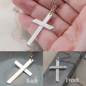 Silver cross necklace, handcrafted crucifix pendant with wood grain texture, gifts for him or her