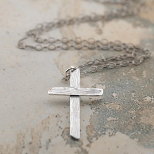 Silver cross necklace, handcrafted crucifix pendant with wood grain texture, gifts for him or her