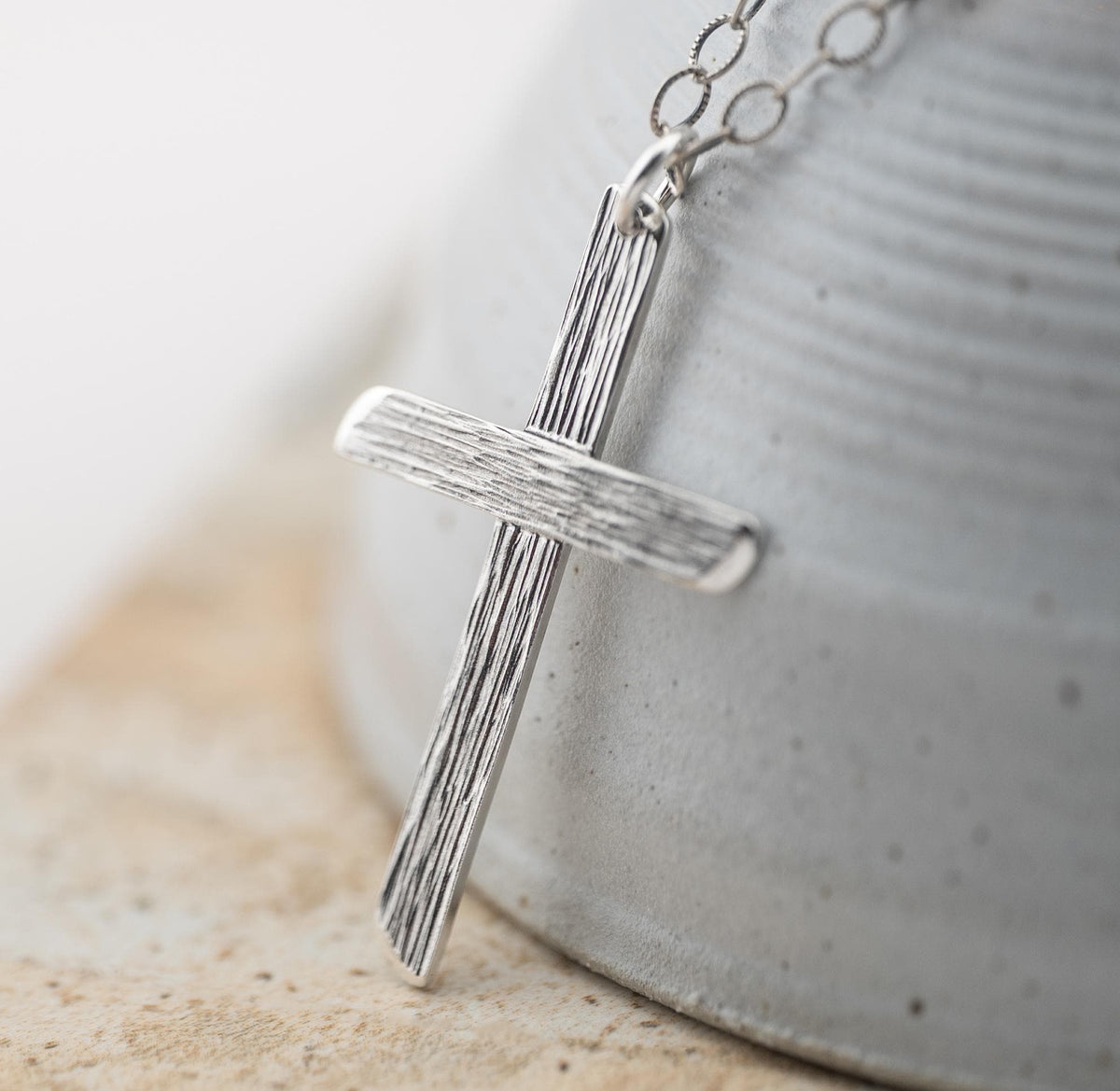 Silver cross necklace, handcrafted crucifix pendant with wood grain texture, gifts for him or her