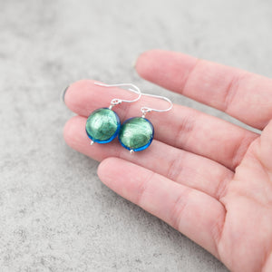 Teal Blue Murano glass dangle earrings, gifts for her