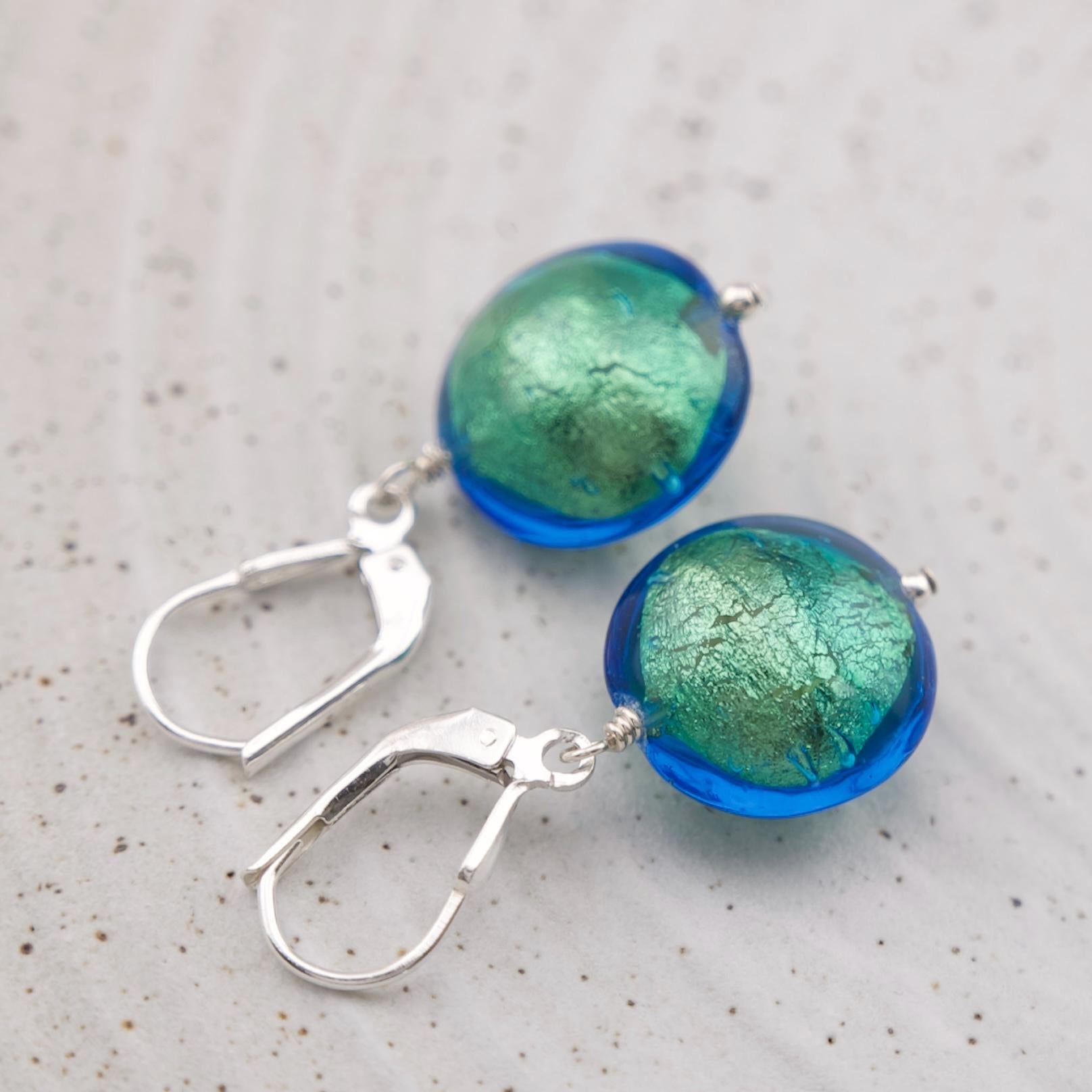 Teal Blue Murano glass dangle earrings, gifts for her