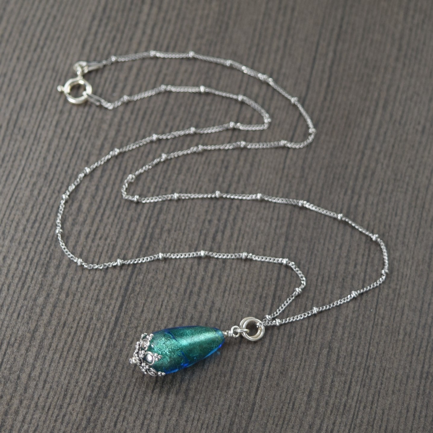 Teal Blue Murano glass necklace on sterling silver chain