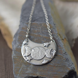 Triple moon goddess necklace, crescent moon sterling silver necklace