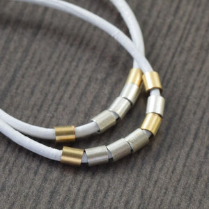 White Leather hoop earrings with gold and sterling silver accents