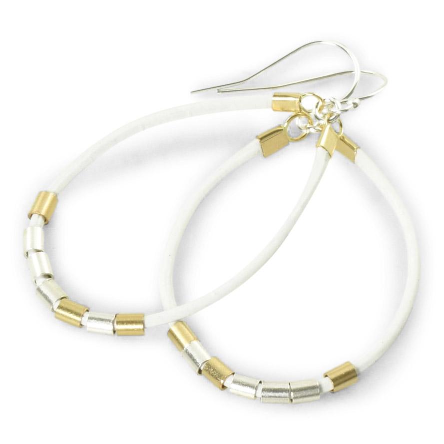 White Leather hoop earrings with gold and sterling silver accents