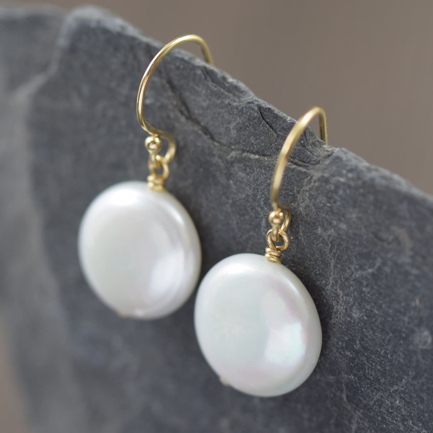 White coin Pearl earrings, AAA Grade, freshwater pearl on gold filled earwire, June Birthstone earrings
