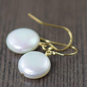 White coin Pearl earrings, AAA Grade, freshwater pearl on gold filled earwire, June Birthstone earrings