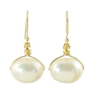 White freshwater pearl drop earrings wire wrapped in gold filled wire