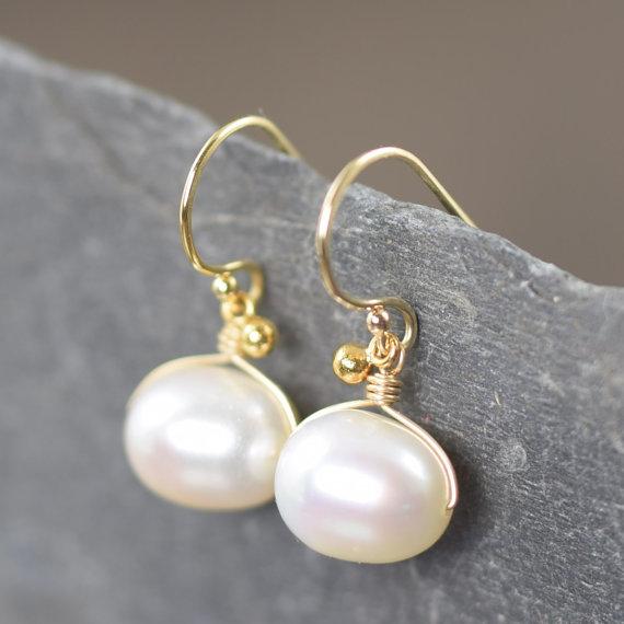 White freshwater pearl drop earrings wire wrapped in gold filled wire