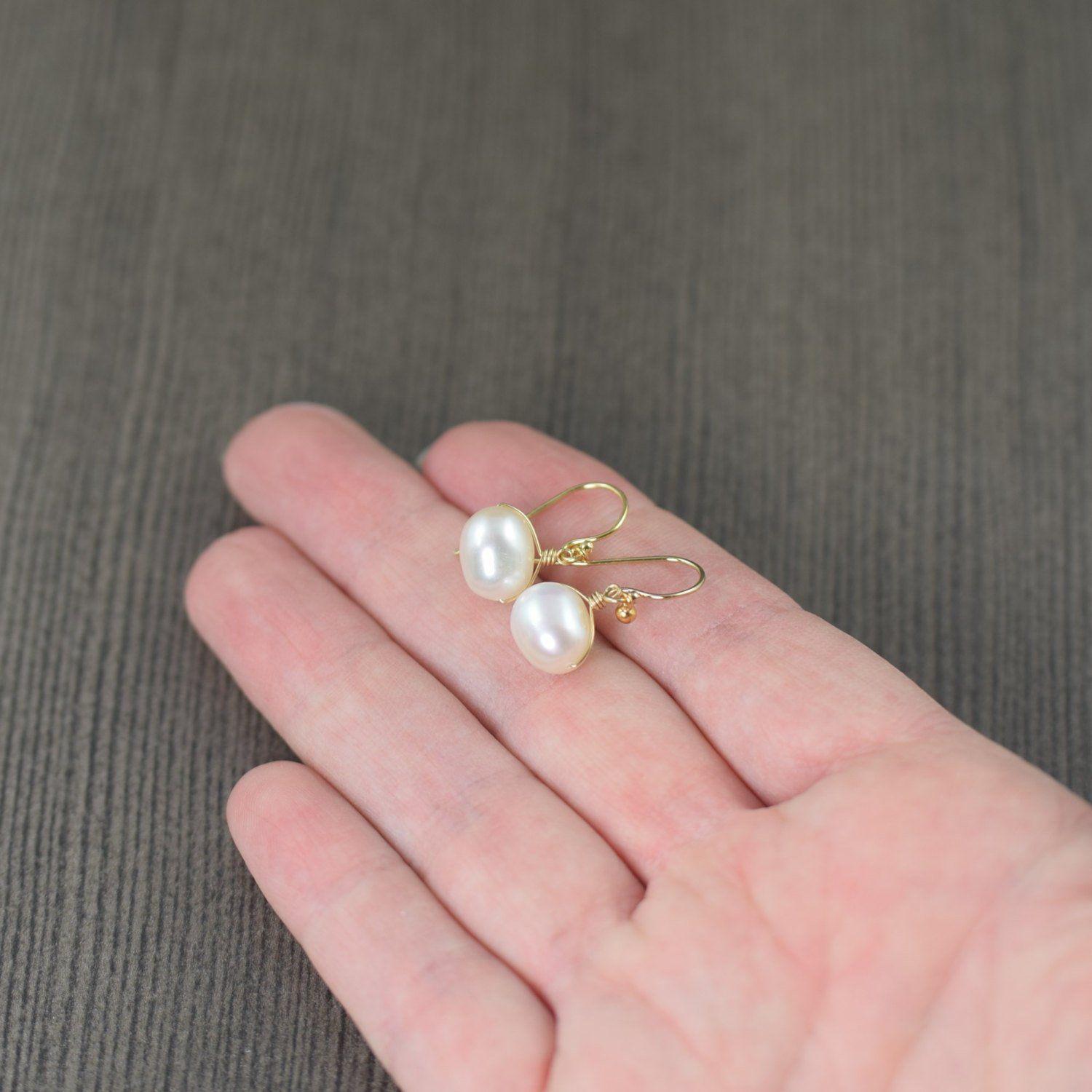 White freshwater pearl drop earrings wire wrapped in gold filled wire