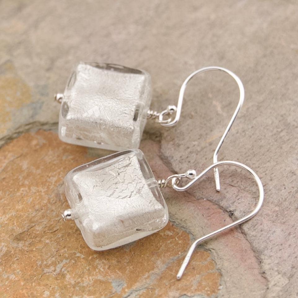 White gold Murano glass dangle Venetian earrings
