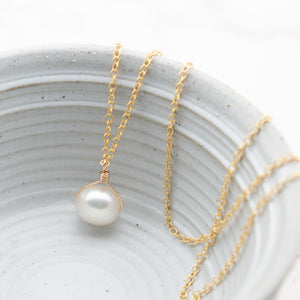 Wire wrapped White freshwater pearl necklace on gold filled chain