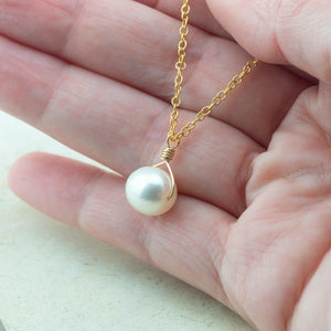 Wire wrapped White freshwater pearl necklace on gold filled chain