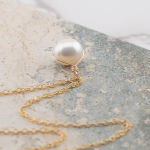 Wire wrapped White freshwater pearl necklace on gold filled chain