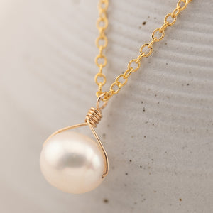 Wire wrapped White freshwater pearl necklace on gold filled chain