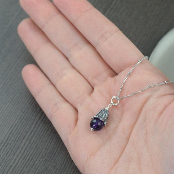 Amethyst birthstone necklace on sterling silver satellite chain, Aquarius or Pieces February birthstone