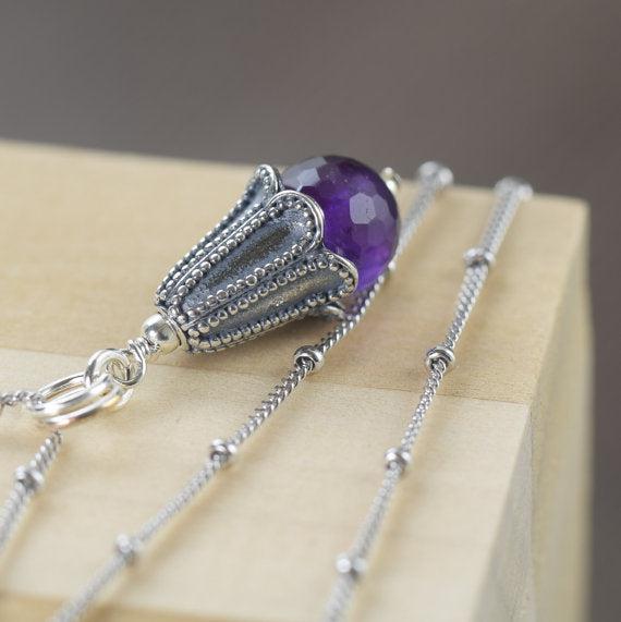 Amethyst birthstone necklace on sterling silver satellite chain, Aquarius or Pieces February birthstone
