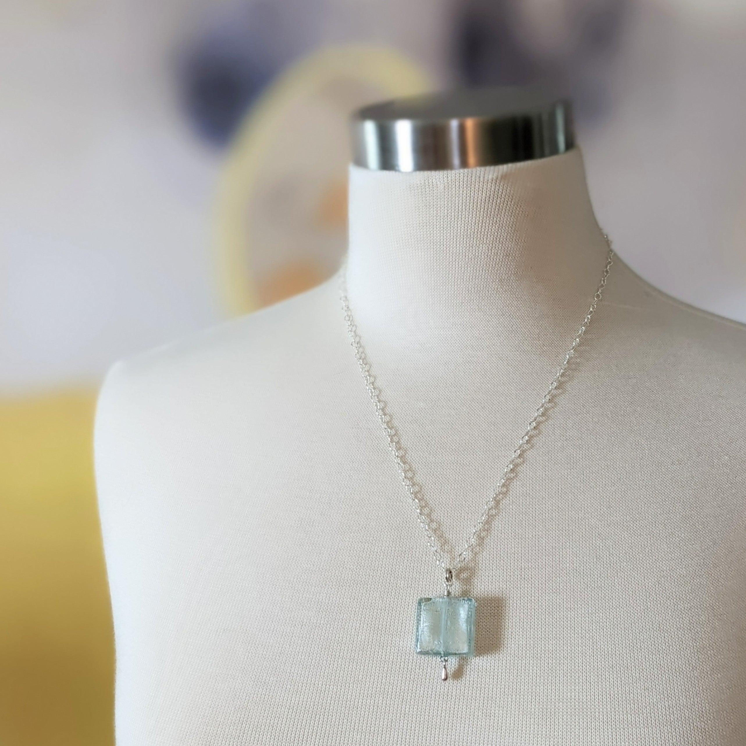 Aquamarine blue Murano glass pendant necklace, March Birthstone