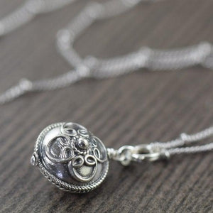 Boho necklace Bali style rounded disc pendant on sterling silver satellite chain by Katy Mims